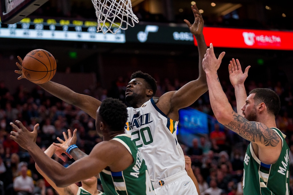 (Trent Nelson  |  The Salt Lake Tribune) Utah Jazz center Udoka Azubuike (20) as the Utah Jazz host the Milwaukee Bucks, NBA basketball in Salt Lake City on Wednesday, Oct. 13, 2021.