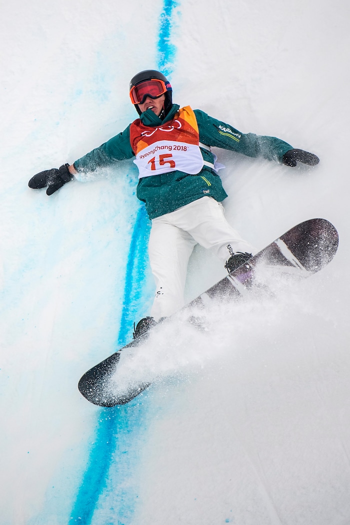 (Chris Detrick  |  The Salt Lake Tribune)  Australia's Kent Callister crashes while competing in the men's halfpipe finals at Phoenix Snow Park during the Pyeongchang 2018 Winter Olympics Wednesday, Feb. 14, 2018.  