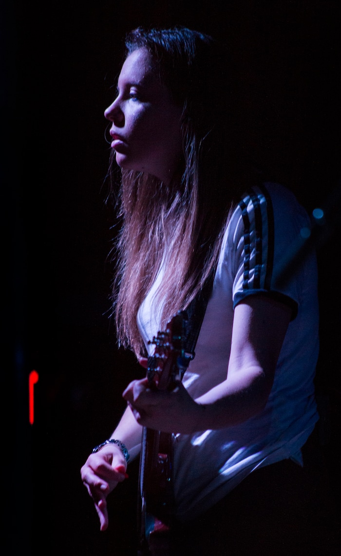 (Rick Egan | The Salt Lake Tribune) Isabel Torres plays guitar with Declan McKenna in the Venue, in Salt Lake City, Tuesday, March 20, 2018.