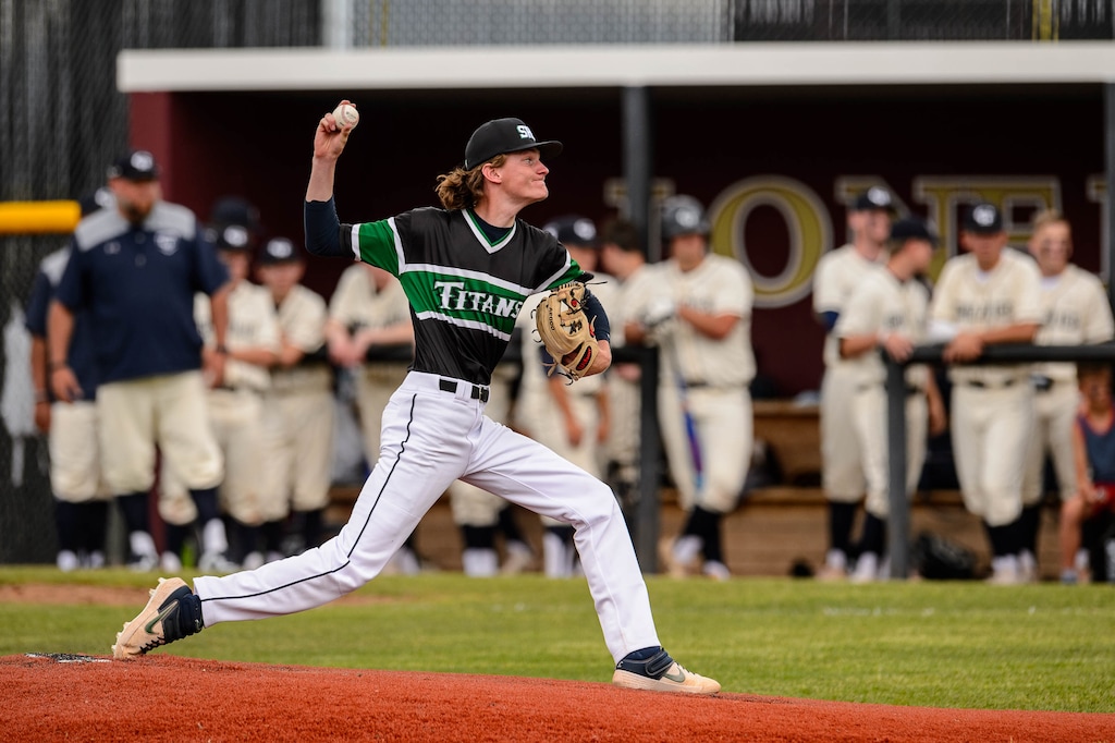 (Trent Nelson  |  The Salt Lake Tribune) Syracuse pitcher Jaxson Christiansen as Copper Hills faces Syracuse High School in the Last Chance Baseball Tournament at Lone Peak High School in Highland on Friday, May 29, 2020.
