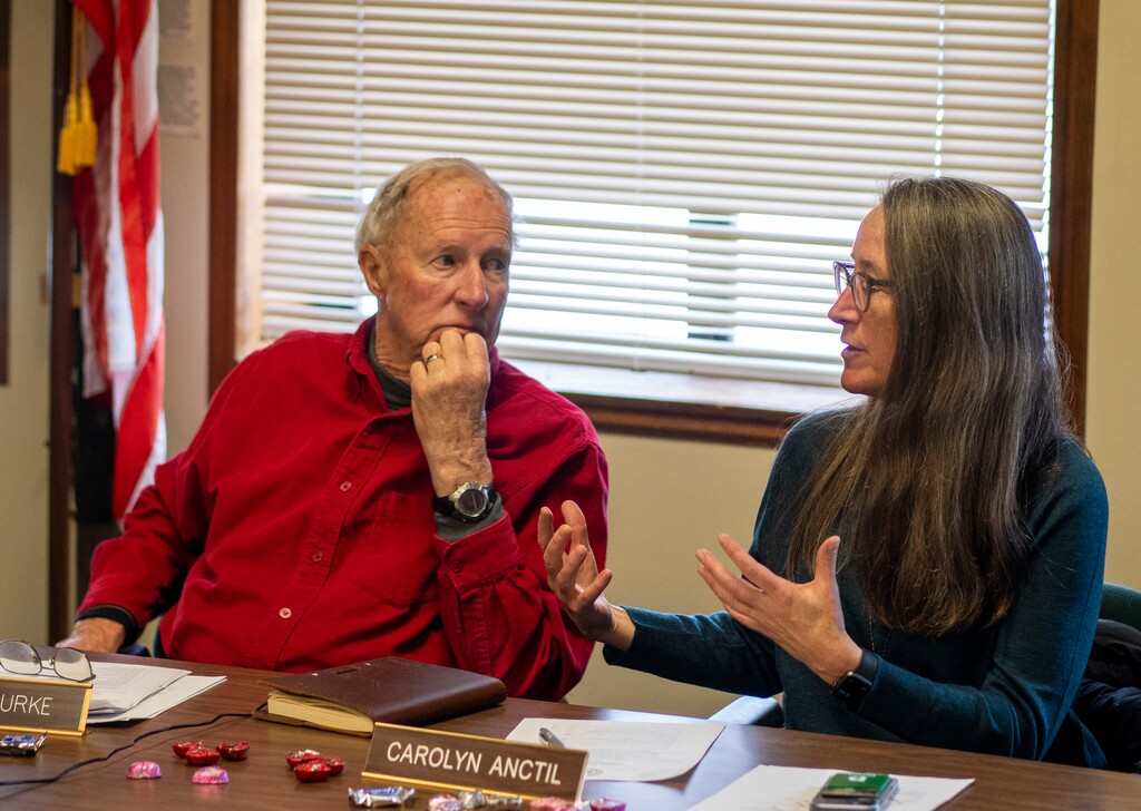 (Rick Egan | The Salt Lake Tribune)  Alta Mayor Roger Bourke listens as Alta Town Council member Carolyn Anctil comments during a Town Council meeting on Wednesday, Feb. 14, 2024.