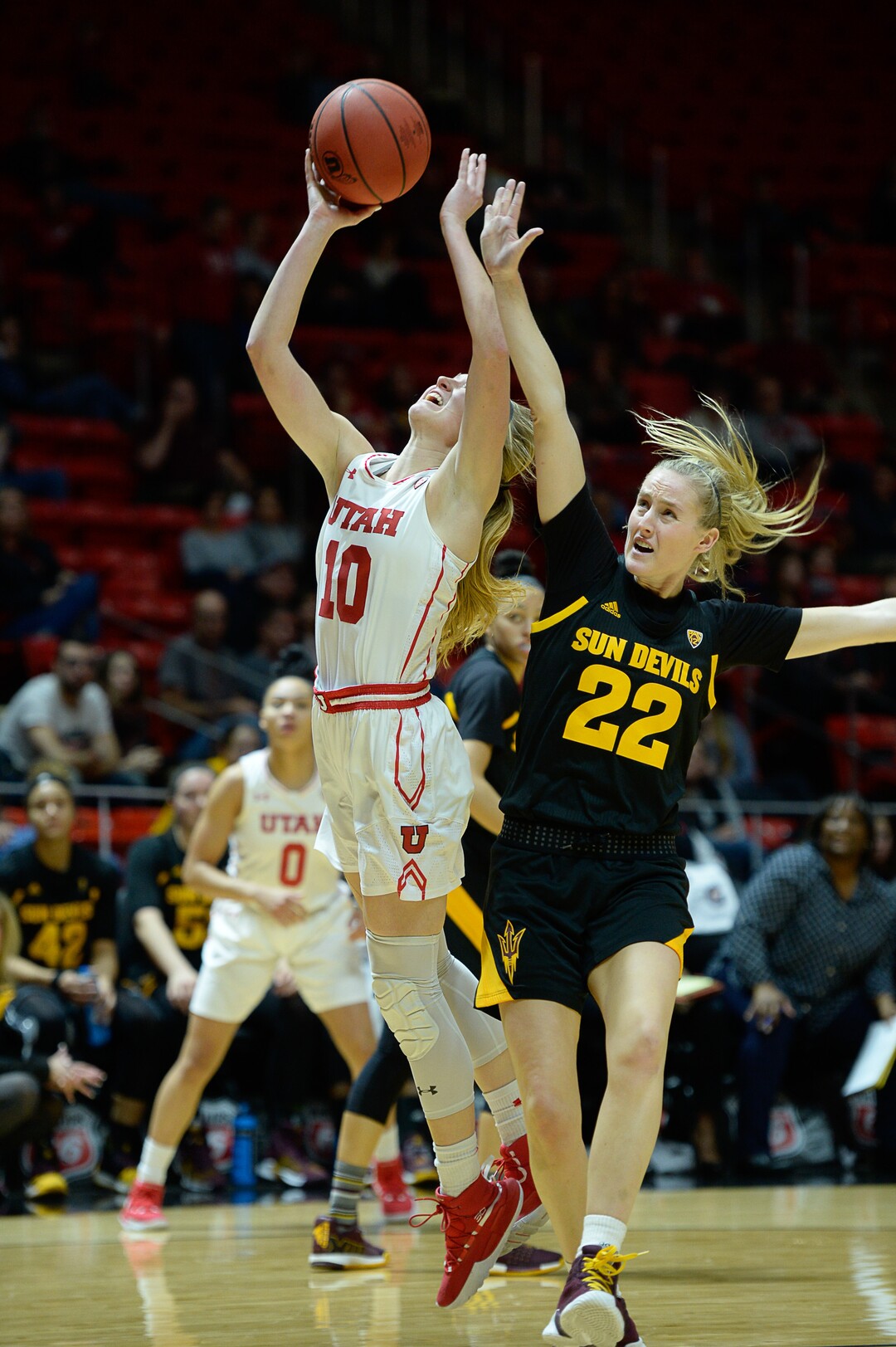 (Francisco Kjolseth  |  The Salt Lake Tribune)  Utah Utes guard Dru Gylten (10) is pressured by Arizona State Sun Devils guard/forward Courtney Ekmark (22) in Utes' Pac-12 home opener at the Jon M Huntsman Center on Friday, Jan. 4, 2019. They're off to one of their best starts in team history.