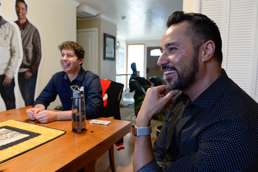 (Francisco Kjolseth  |  The Salt Lake Tribune)  The Piano Guys videographer Paul Anderson, left, and music producer Al van der Beek joke around the dining room table of Al's former home in Sandy turned studio for the American musical group.