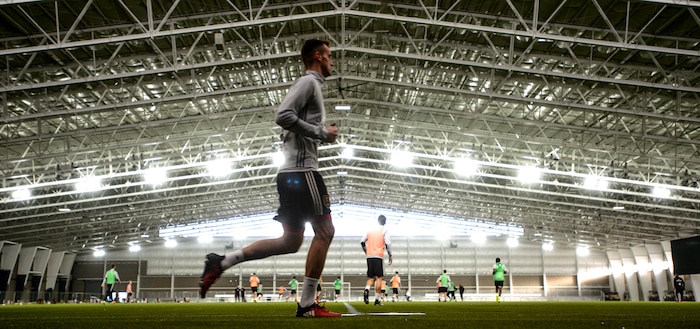 (Steve Griffin  |  The Salt Lake Tribune) RSL players practice at the new Zions Bank Real Academy indoor facility in Herriman Tuesday January 23, 2018.