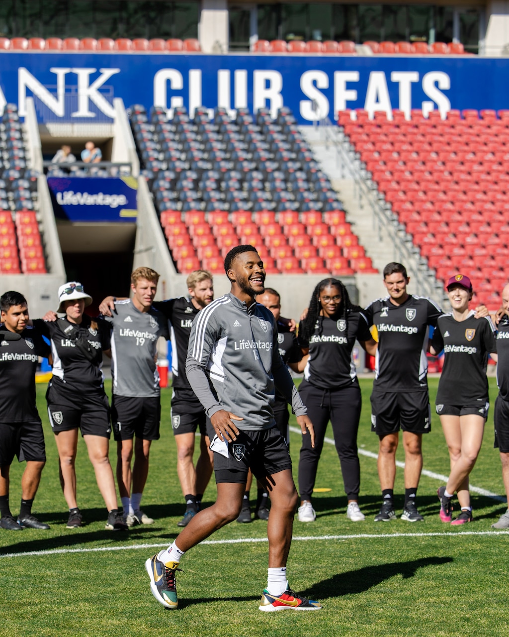 (Utah Jazz) Utah Jazz guard Jared Butler walks on the America First Field pitch during a joint practice between the Jazz and Real Salt Lake on Wednesday, Sept. 21, 2022.