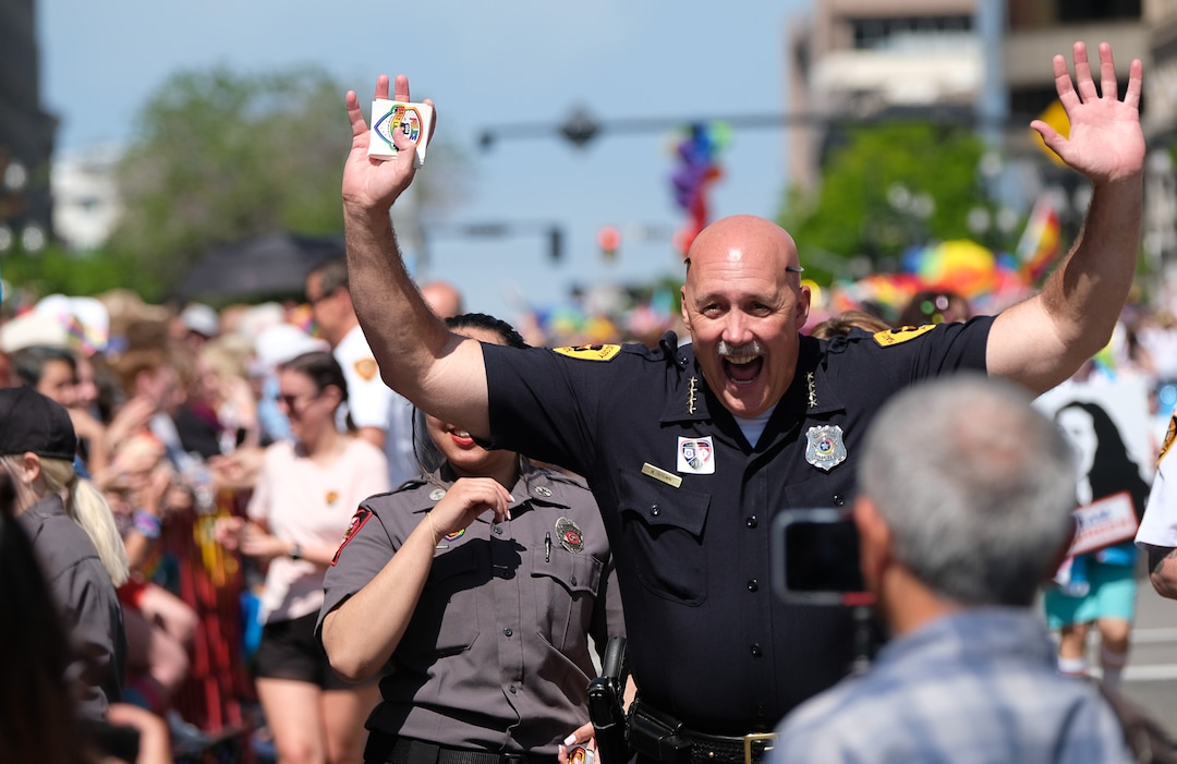 (Francisco Kjolseth  |  The Salt Lake Tribune)  Salt Lake City Police Chief Mike Brown celebrates alongside thousands participating in the Utah Pride Parade in Salt Lake City on Sunday June 2, 2019.