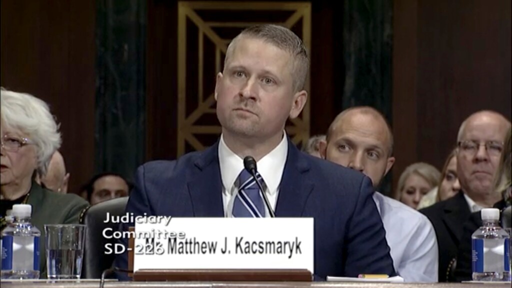 (U.S. Senate Judiciary Committee on the Judiciary via The New York Times)

A photo provided by the U.S. Senate Judiciary Committee shows Trump nominee Matthew Kacsmaryk during the nomination hearing to the federal judiciary at the U.S. Capitol in Washington, on Dec. 13, 2017.