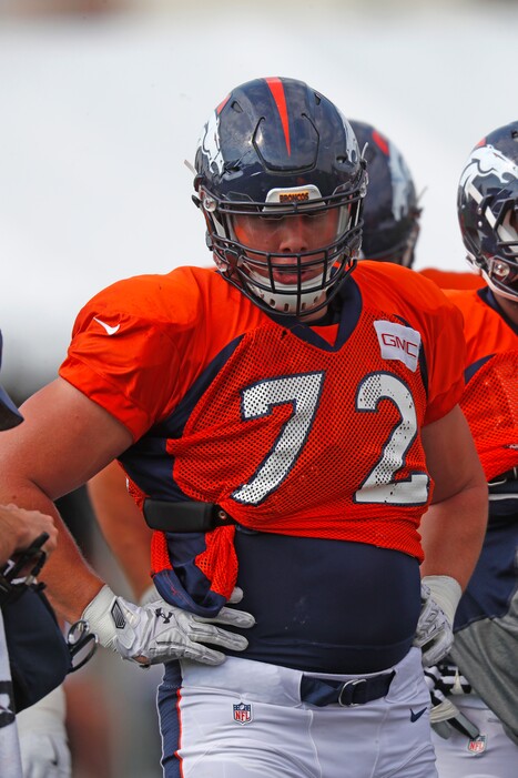 Denver Broncos offensive tackle Garett Bolles (72) during an NFL football training camp Saturday, Aug. 5, 2017, in Englewood, Colo. (AP Photo/David Zalubowski)