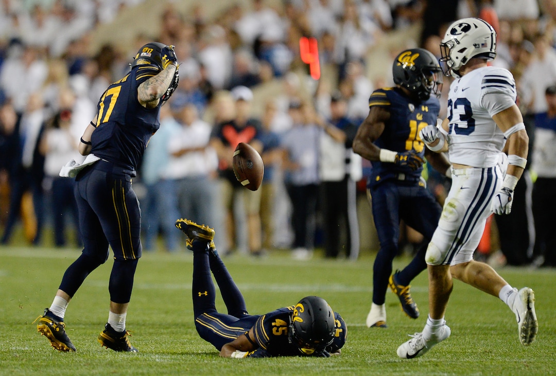 (Francisco Kjolseth  |  The Salt Lake Tribune)  BYU is called with an illegal touch on a punt return on California during the first half of the NCAA college football game, Saturday, Sept. 8, 2018, at LaVell Edwards stadium in Provo, Utah.
