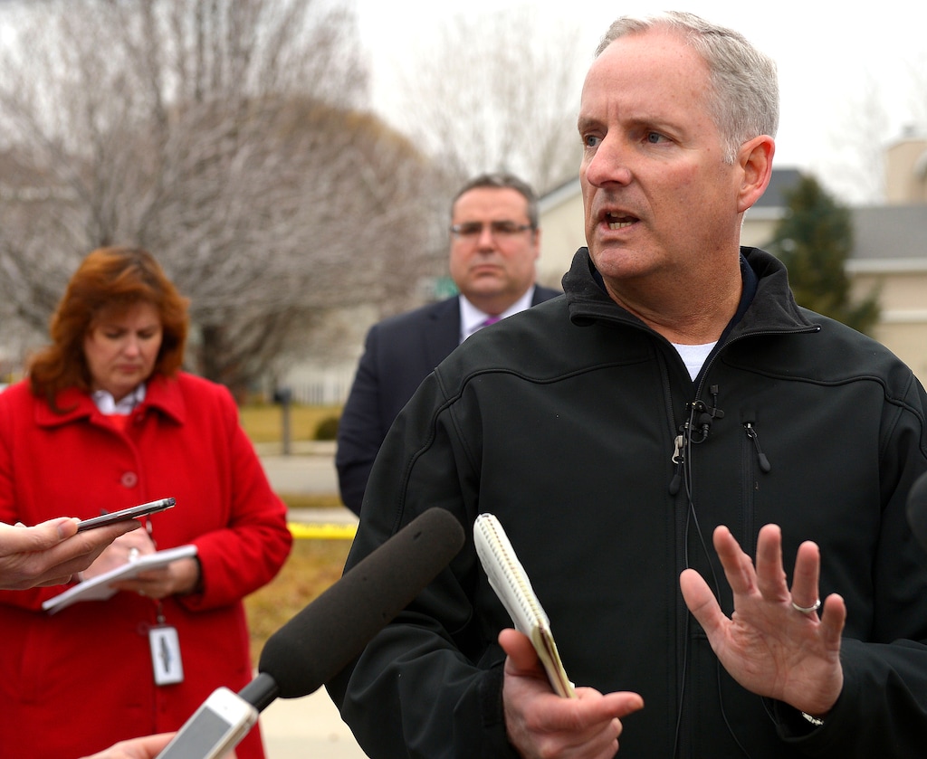 Leah Hogsten  |  The Salt Lake Tribune"Officers did everything they could in this situation," said Draper Deputy Police Chief John Eining (right)  who gave a few details about events surrounding the officer-involved shooting in Draper, Wednesday January 14, 2015.  Eining said the man believed to be in his thirties who is not from Draper was shot and killed during a struggle with a West Valley City police officer who was assisting two Draper officers in making a narcotics arrest Wednesday morning. During the arrest the man broke free and produced an 8" butcher knife while still inside in the SUV.