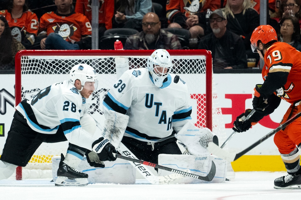 (Kyusung Gong | AP) Utah Hockey Club goaltender Connor Ingram (39) blocks a shot by Anaheim Ducks right wing Troy Terry (19) during the second period of an NHL hockey game, Wednesday, Oct. 16, 2024, in Anaheim, Calif.