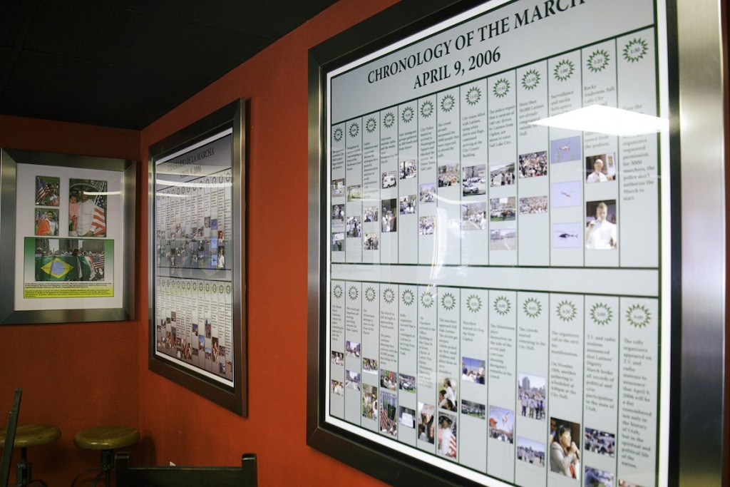 (Minh Vuong  |  The Daily Utah Chronicle) The exhibit, “Invisible No More: Latinx’s Dignity March in Utah,” of the 2006 March for Immigration Reform by Dr. Armando Solorzano at Mestizo Coffeehouse in Salt Lake City on Sept. 24, 2023.