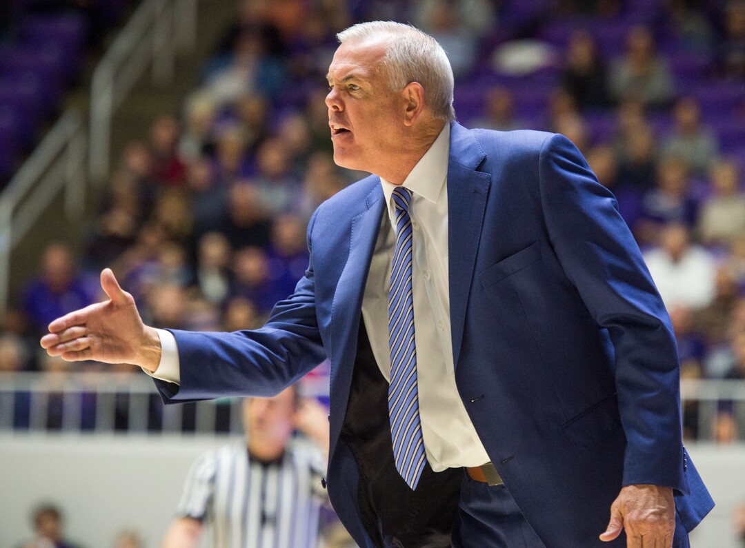 (Rick Egan  |  The Salt Lake Tribune)       Brigham Young Cougars head coach Mike Rose, shouts instructions to his players in basketball action between Brigham Young Cougars and Weber State Wildcats, at the Dee Event Center in Ogden, Saturday, Dec. 1, 2018.