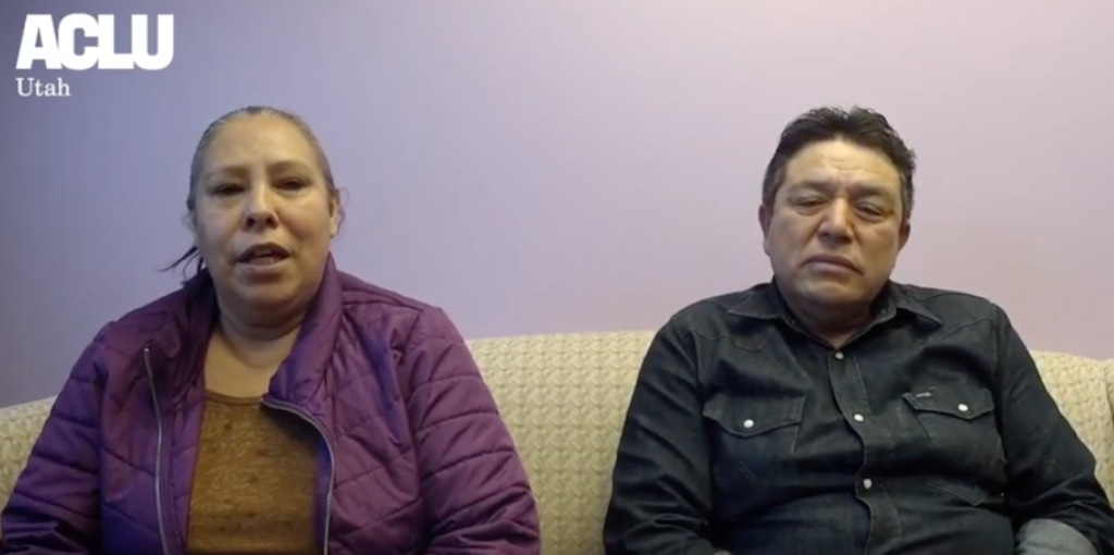 (Screenshot courtesy of the ACLU of Utah) This screengrab of an ACLU video shows Maria Garcia and Munir Yanez, who allege the Utah Division of Adult Probation & Parole violated their constitutional rights during a 2018 raid on their home. They have now agreed to a legal settlement and will drop their lawsuit.