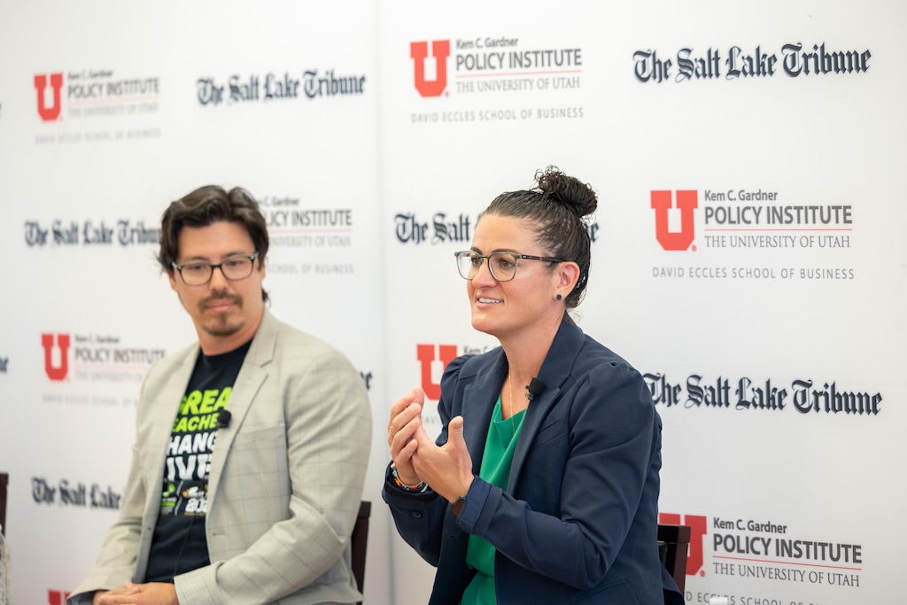 (BW Productions) Utah State Board of Education member Sarah Reale speaks at an educational event at the University of Utah's Kem C. Gardner Policy Institute in Salt Lake City on Thursday, June 15, 2023. Reale called a move to repeal an administrative rule that ensures educational equity for all students "frustrating and irresponsible" during a state school board meeting Friday.