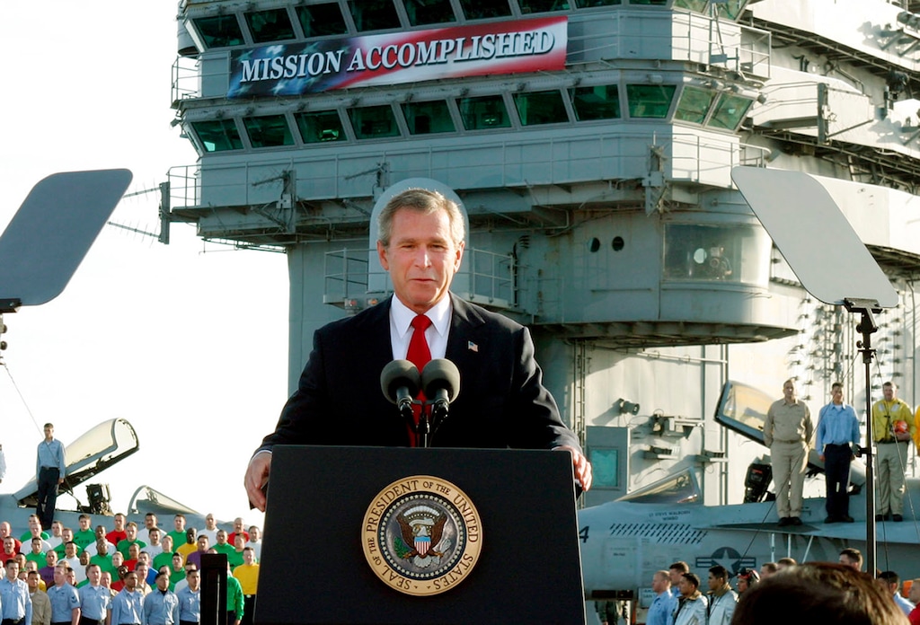 (J. Scott Applewhite | AP photo)

In this May 2, 2003, photo, President George W. Bush declares the end of major combat in Iraq as he speaks aboard the aircraft carrier USS Abraham Lincoln off the California coast.