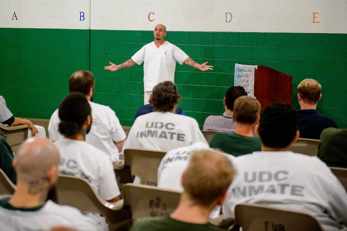 (Trent Nelson | The Salt Lake Tribune)
Gage King, an inmate at the Utah State Prison, delivers a speech at a meeting of the New Visions Speech Club in the prison's Promontory facility in Draper on Tuesday Dec. 3, 2019.