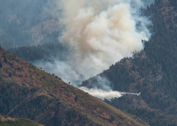 (Francisco Kjolseth  |  The Salt Lake Tribune) Air crews battle a fire in Neffs Canyon on the north side of Mount Olympus on Tuesday, Sept, 22, 2020.