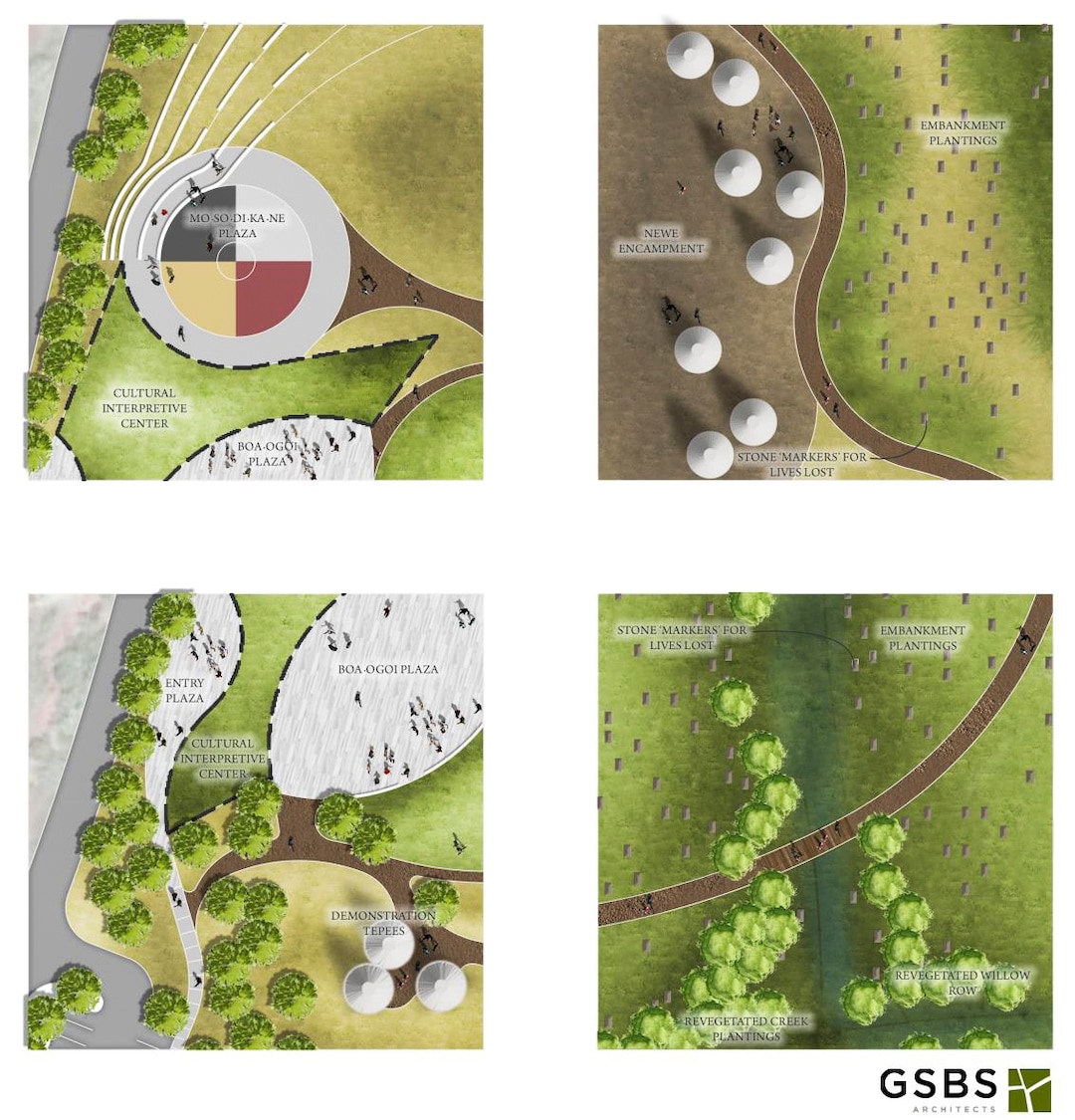 Architectural rendering courtesy of GSBS ArchitectsThe Boa Ogoi Cultural & Interpretive Center's Mo-So-Di-Ka-Ne Plaza (top, left) represents a traditional medicine wheel.  The Boa Ogoi Plaza (bottom, left) serves as the transitional area between the center and the Bear River Massacre Site Area, complete with demonstration tepees. The Newe Encampment and embankment areas (top and bottom, right) provides passive reflection of the 500 boulders that represent the lives lost and the Shoshone Nation's re-created winter encampment.