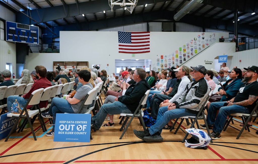 (Francisco Kjolseth | The Salt Lake Tribune) Box Elder and Weber county residents listen and ask questions during a public forum on the proposed Box Elder County data center at the Box Elder County Fairgrounds in Tremonton on Tuesday, May 26, 2026.