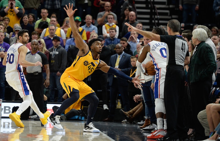 (Francisco Kjolseth  |  The Salt Lake Tribune)  Utah Jazz guard Donovan Mitchell (45) puts on the defensive pressure in the final seconds of play as the Utah Jazz host the Philadelphia 76ers in their NBA basketball game at Vivint Smart Home Arena in Salt Lake City on Wed. Nov. 6, 2019.