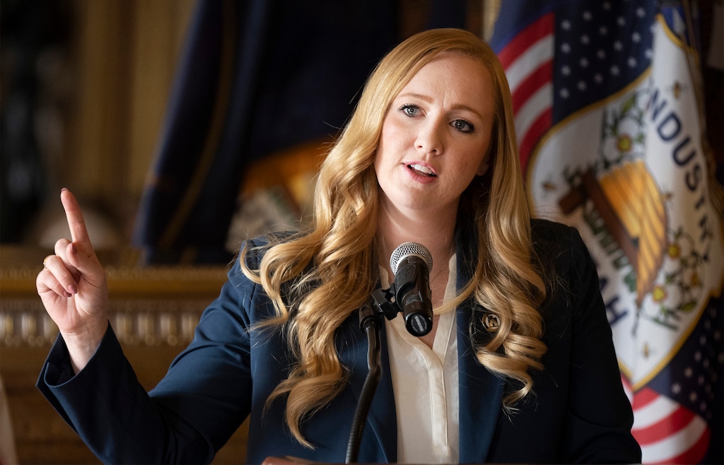 (Rick Egan | The Salt Lake Tribune)  Rep. Candice Pierucci, R-Riverton, says a few words during a news conference at the Capitol, on Monday, Feb. 12, 2024. Pierucci is sponsoring a bill that would introduce some voucher spending restrictions and aims to increase program accountability.