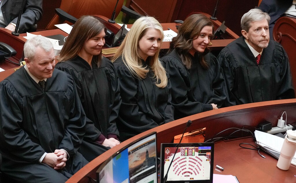 (Francisco Kjolseth  |  The Salt Lake Tribune) Utah Supreme Court Justices John A. Pearce, Paige Petersen, Diana Hagen, Jill Pohlman and Chief Justice Matthew B. Durrant following the State of the Judiciary at the Utah Capitol in Salt Lake City on Tuesday, Jan. 16, 2024.
