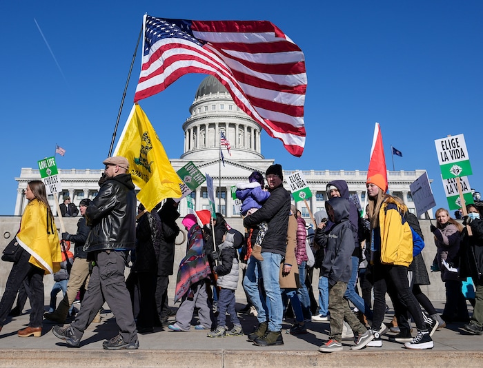 (Leah Hogsten | The Salt Lake Tribune)  Hundreds of anti-abortion activists rally at Pro-Life Utah's March for Life at the Utah Capitol on Saturday, in conjunction with the national March for Life in D.C., Jan. 22, 2022.