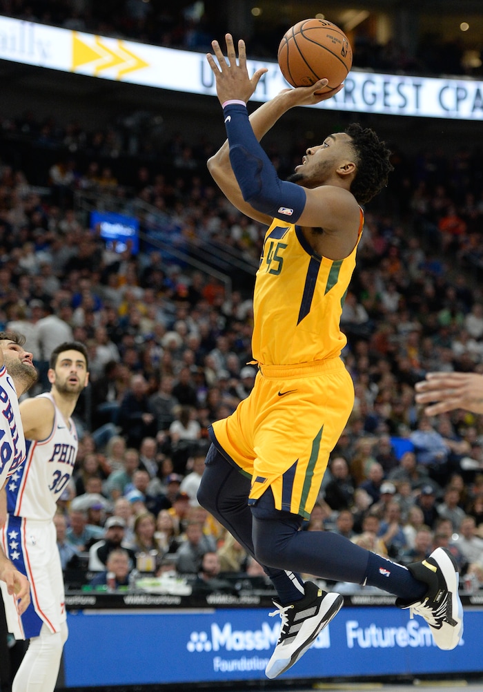 (Francisco Kjolseth  |  The Salt Lake Tribune) Utah Jazz guard Donovan Mitchell (45) floats one in as the Utah Jazz host the Philadelphia 76ers in their NBA basketball game at Vivint Smart Home Arena in Salt Lake City on Wed. Nov. 6, 2019.
