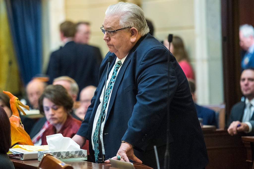 Chris Detrick  |  The Salt Lake TribuneSenator Kevin T. Van Tassell speaks about HB99 during Senate Floor Time at the Utah State Capitol Thursday March 9, 2017. 