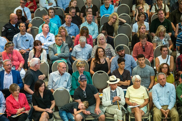 (Chris Detrick  |  The Salt Lake Tribune) Members of the public listen during a public forum about Operation Rio Grande at The Gateway in Salt Lake City Tuesday, August 15, 2017. 
