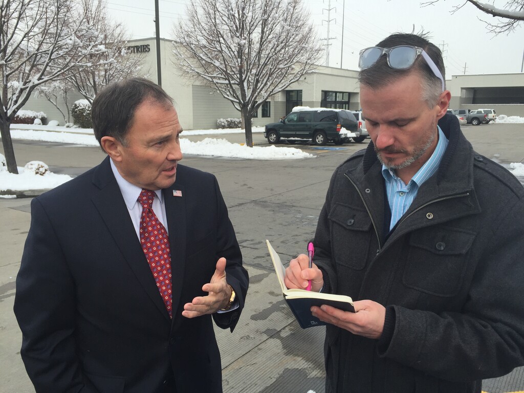Tribune columnist Robert Gehrke interviews Gov. Gary Herbert in December 2015 during then-vice presidential candidate Mike Pence's visit to Utah.