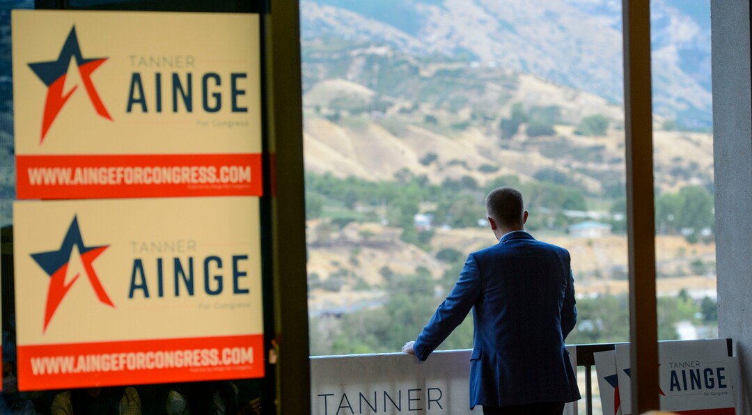(Steve Griffin  |  The Salt Lake Tribune)  3rd Congressional District candidateTanner Ainge takes a moment alone as he looks at the Wasatch Mountains outside his election night headquarters in Orem Tuesday August 15, 2017. Early results weren't in Ainge's favor.