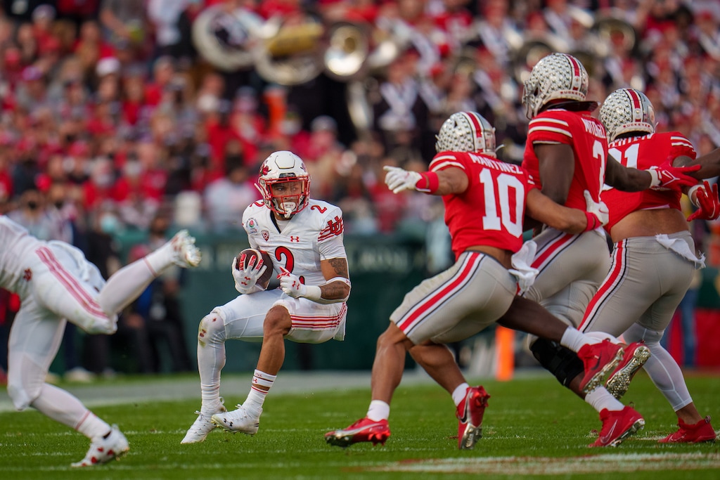 (Trent Nelson  |  The Salt Lake Tribune) Utah Utes running back Micah Bernard (2) runs the ball as the Utah Utes face the Ohio State Buckeyes at the Rose Bowl in Pasadena, Calif., on Saturday, Jan. 1, 2022.
