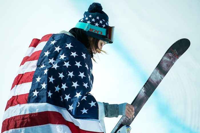 (Chris Detrick  |  The Salt Lake Tribune)  Brita Sigourney of the United States celebrates after the Ladies' Ski Halfpipe Final Run at Phoenix Park during the Pyeongchang 2018 Winter Olympics Tuesday, Feb. 20, 2018. Sigourney finished in 3rd place with a score of 89.80.