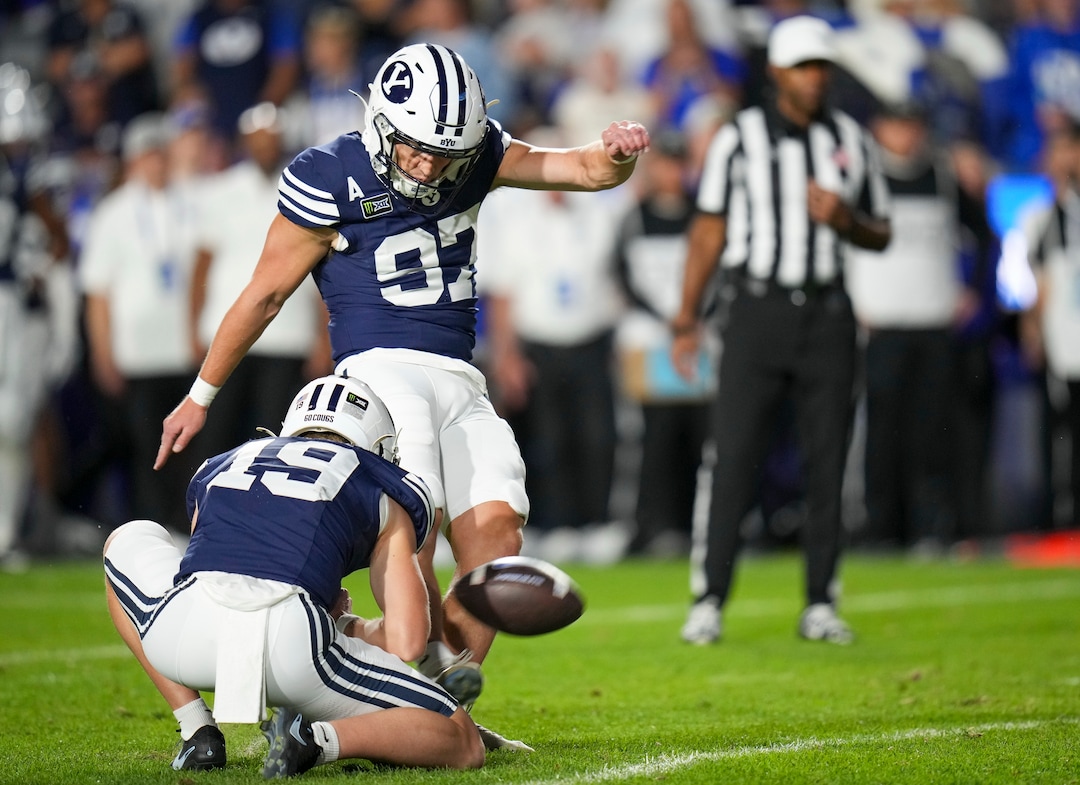 (Bethany Baker  |  The Salt Lake Tribune) BYU Cougars kicker Matthias Dunn (97) kicks an extra point during the game between the BYU Cougars and the Iowa State Cyclones in Provo on Friday, Oct. 9, 2026.