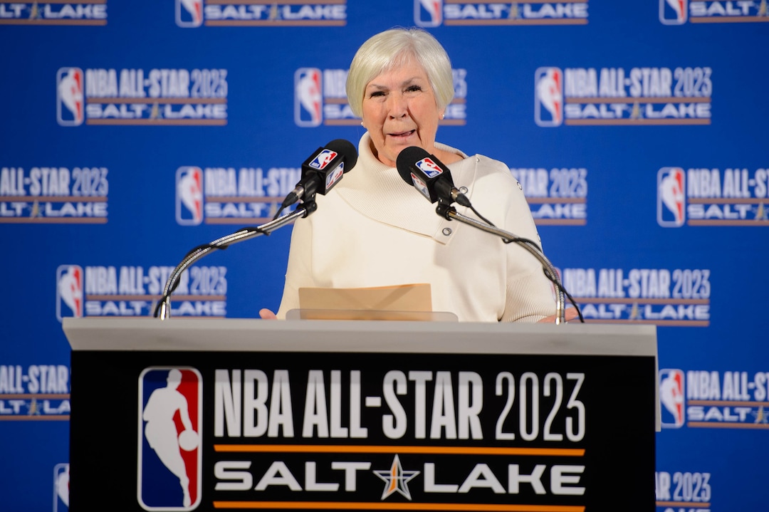 (Trent Nelson  |  The Salt Lake Tribune)Larry H. Miller Group of Companies owner Gail Miller speaks as the Utah Jazz and NBA announce that Salt Lake City will host the 2023 NBA All-Star Game at a news conference on Wednesday Oct. 23, 2019.