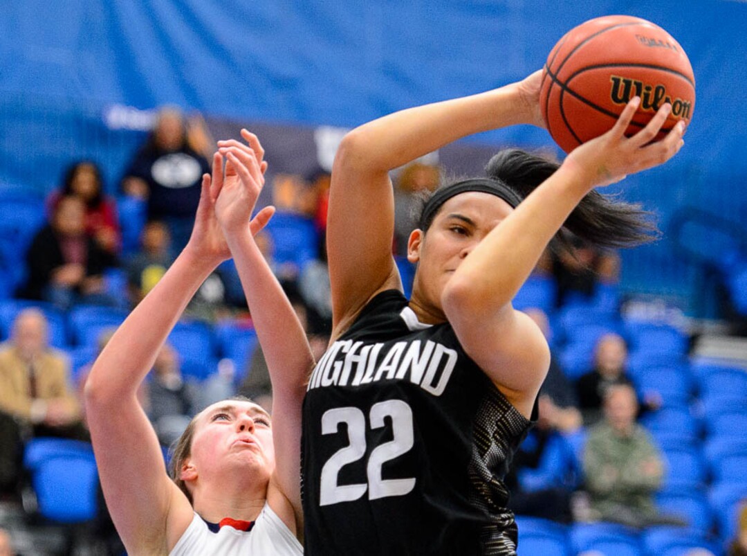 (Trent Nelson | The Salt Lake Tribune)  Highland's Kaija Glasker (22) pulls in a rebound ahead of Woods Cross's Allee Mckenna (2) as Woods Cross faces Highland in the 5A High School Girls' Basketball Tournament at SLCC in Taylorsville, Wednesday Feb. 21, 2018.
