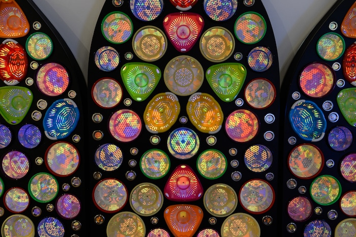 (Francisco Kjolseth | The Salt Lake Tribune) Rashed Al Shashai of Jeddah, Saudi Arabia created the piece entitled "Heaven's Doors" made with plastic colanders and baskets infused with light. The Utah Museum of Contemporary Art is opening "Cities of Conviction," an exhibit of contemporary art by artists from Saudi Arabia.