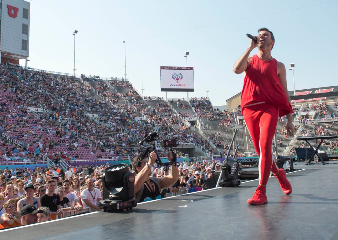 (Rick Egan  |  The Salt Lake Tribune)     Tyler Glenn performs at the Loveloud Festival at Rice-Eccles Stadium, Saturday, July 28, 2018.