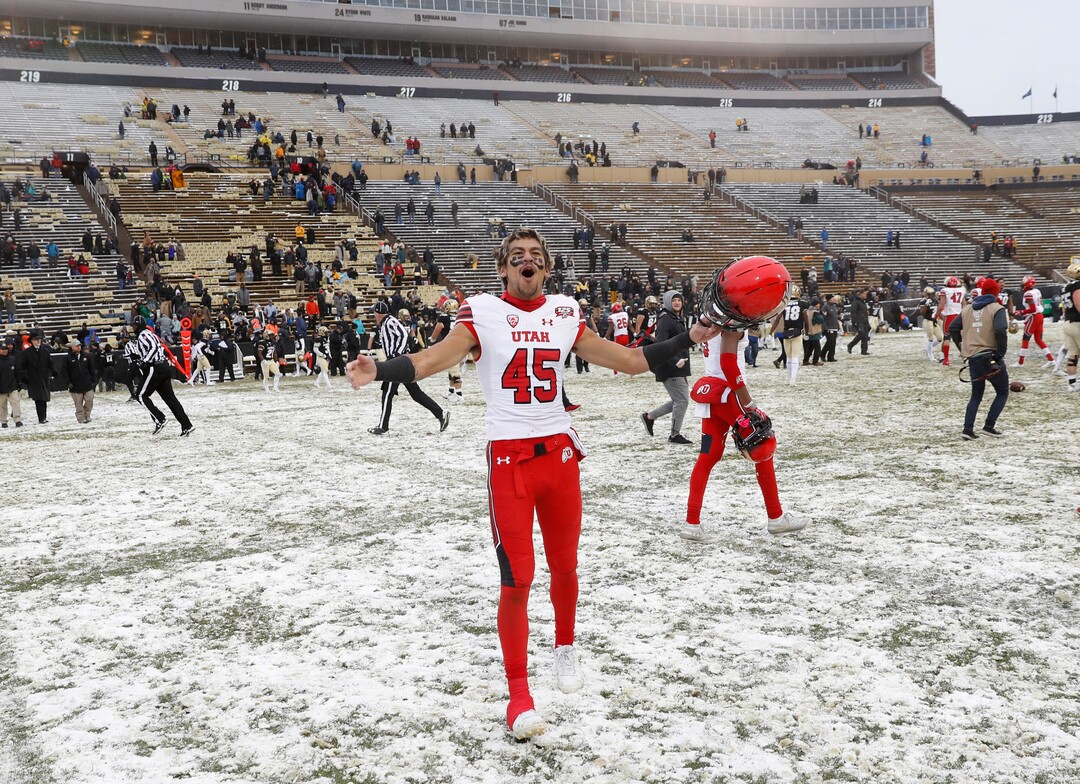 Utah wide receiver Samson Nacua celebrates as time runs out in an NCAA college football game against Colorado, Saturday, Nov. 17, 2018, in Boulder, Colo. Utah won 30-7. (AP Photo/David Zalubowski)