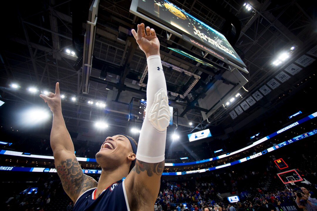 (Leah Hogsten  | The Salt Lake Tribune)  Auburn Tigers guard Bryce Brown (2) celebrates after his team beat Kansas in the second round of the NCAA tournament in Salt Lake City on Saturday, March 23, 2019.