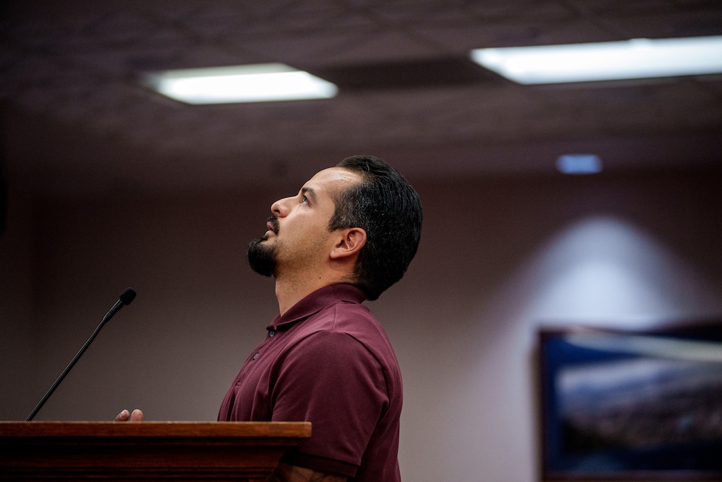 (Trent Nelson  |  The Salt Lake Tribune) Gustavo Carrillo speaks as the Utah County Commission hears public comment on a proposed agreement with ICE, in Provo on Wednesday, July 16, 2025.