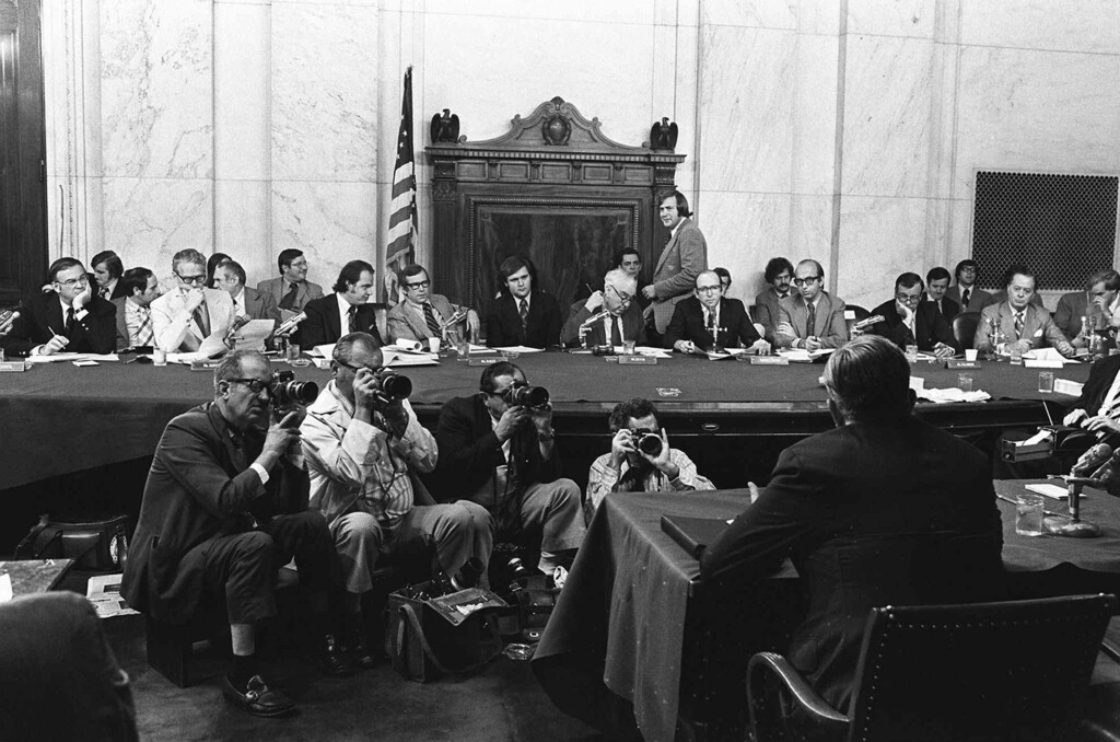 (AP file photo) The Senate Watergate Committee hearings take place on Capitol Hill in Washington on Aug. 3, 1973. From left are: Sen. Lowell P. Weicker, Jr; Sen. Edward J. Gurney, Fred Thompson, Sen. Howard H. Baker, Jr; Rufus Edmisten, Sen. Sam Ervin; Sam Dash, Sen. Joseph M. Montoya, Sen. Daniel K. Inouye was absent. Testifying is Lt. Gen. Vernon Walters.
