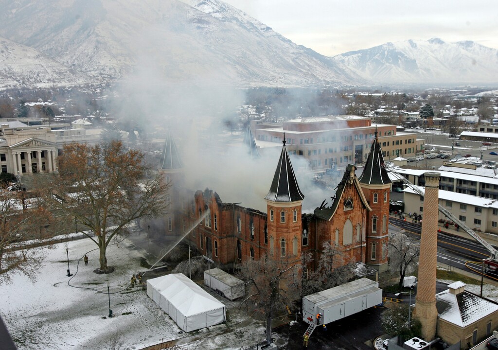 (Rick Egan | Tribune file photo) Provo firefighters shoot water on the flames on the north side of the Provo Tabernacle, Friday, December 17, 2010.