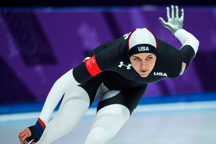 (Chris Detrick  |  The Salt Lake Tribune)  USA's Heather Bergsma races Netherlands' Marrit Leenstra in the Ladies' 1,000m during the Pyeongchang 2018 Winter Olympics Wednesday, Feb. 14, 2018.  Bergsma finished in 8th place with a time of 1:15.15.