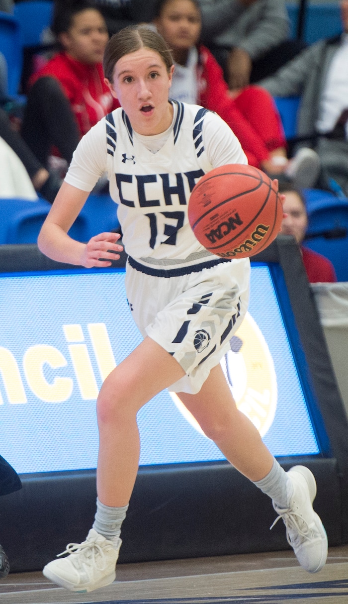 (Rick Egan | The Salt Lake Tribune) Annie Bowen, Corner Canyon, brings the ball down court on a Charger fast break, in Class 5A women's basketball playoff game between Corner Canyon and Highland, Monday, Feb. 19, 2018.