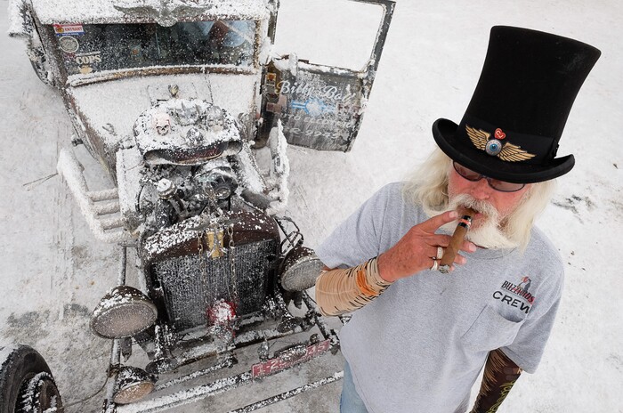 (Francisco Kjolseth  |  The Salt Lake Tribune)  Bob Duncan of Grassvalley California of the Buzzards Racing Team takes the salt in stride on his 1927 Model T Ford with a 53 Desoto engine during Speed Week at the Bonneville Salt Flats outside Wendover, Utah on Monday, Aug. 14, 2017.