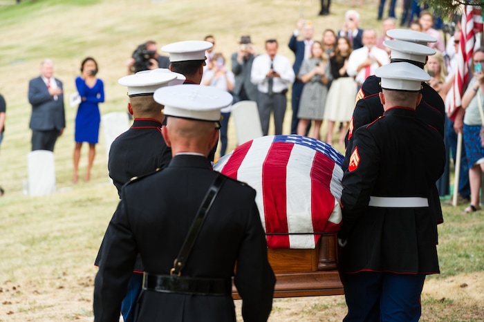 (Alex Gallivan  |  Special to The Tribune) Marine Pfc. Robert K. Holmes, who died 77 years ago aboard the USS Oklahoma during the attack on Pearl Harbor, is laid to rest in the Salt Lake City Cemetery, Monday, Aug. 20, 2018.