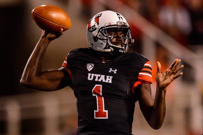(Trent Nelson | The Salt Lake Tribune) Utah Utes quarterback Tyler Huntley (1) looks to pass as the Utah Utes host the San Jose State Spartans, NCAA football at Rice-Eccles Stadium in Salt Lake City, Saturday September 16, 2017.